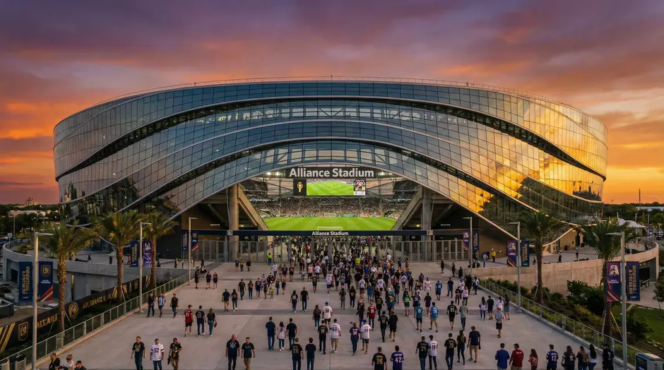 Moderne amerikansk fodboldstadion set udefra i solnedgang med grøn bane klar til VM-kamp