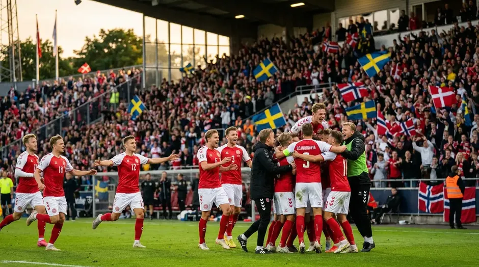 Nordiske fodboldspillere fejrer en scoring foran jublende tilskuere i aftenbelysning