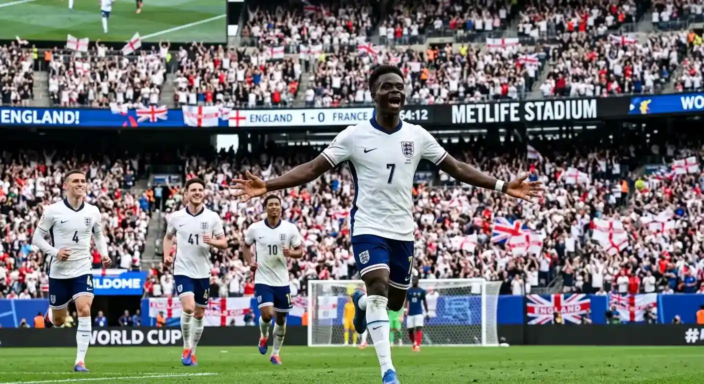 Bukayo Saka fejrer et af sine tre mål i bronzekampen mod Frankrig