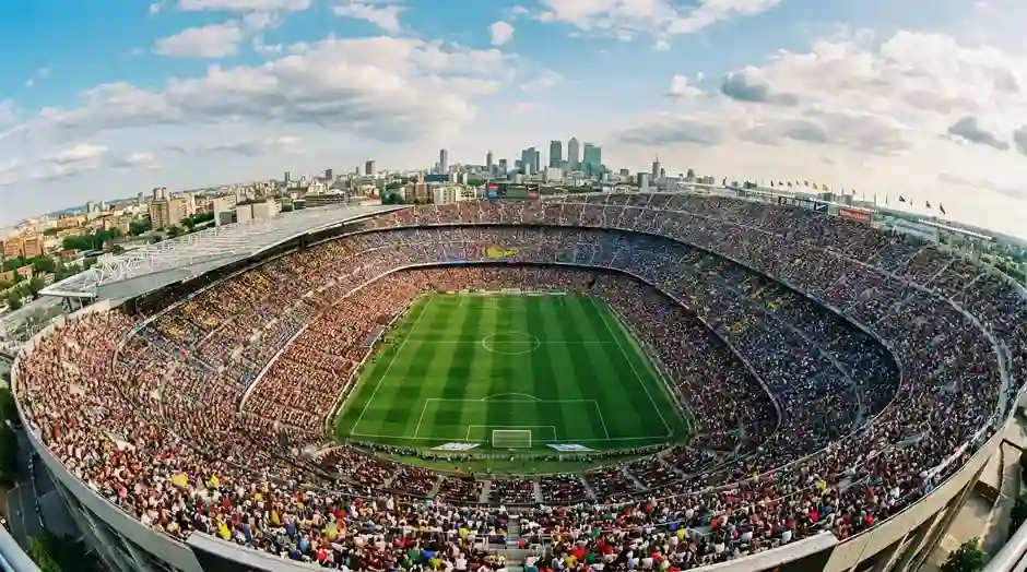 Fyldt fodboldstadion med begejstrede fans under en international VM-kamp i sommersolen